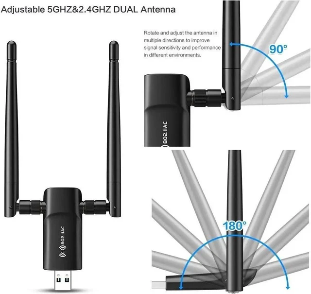 Alt view image 6 of 6 - Wireless USB WiFi Adapter for PC - 1200Mbps Dual 5Dbi Antennas 5G/2.4G WiFi Adapter for Desktop PC Laptop Windows11/10/8/8.1/7/Vista/XP, Wireless Adapter for Desktop Computer Network Adapters
