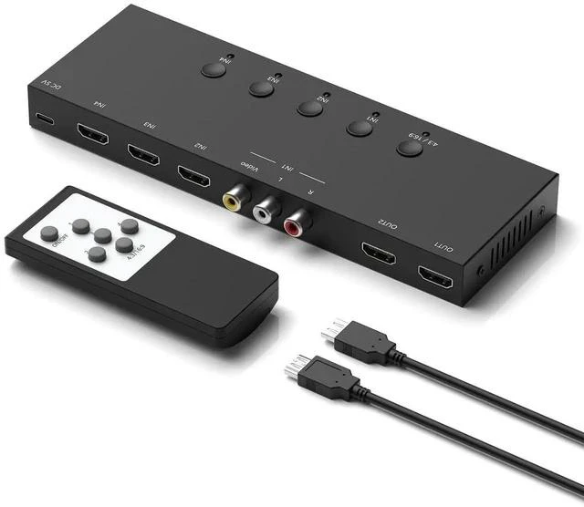 Main image of 3 HDMI 2.0 + 1 RCA Input to 2 HDMI Output Converter Switch Splitter, Simultaneous Dual Display, Aspect Ratio 4:3/16:9 Adjustable, Compatible with N64, NGC, Wii, Xbox, PS2/3/4/5, Switch, Apple TV, Fire