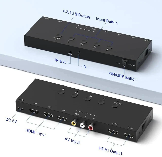 Alt view image 4 of 7 - 3 HDMI 2.0 + 1 RCA Input to 2 HDMI Output Converter Switch Splitter, Simultaneous Dual Display, Aspect Ratio 4:3/16:9 Adjustable, Compatible with N64, NGC, Wii, Xbox, PS2/3/4/5, Switch, Apple TV, Fire