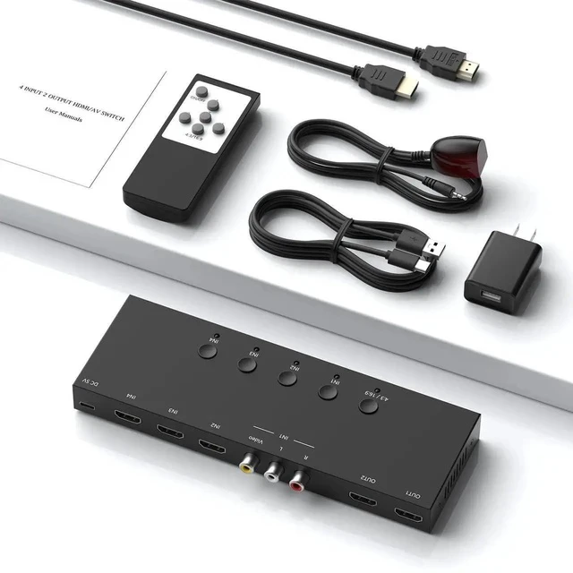 Alt view image 5 of 7 - 3 HDMI 2.0 + 1 RCA Input to 2 HDMI Output Converter Switch Splitter, Simultaneous Dual Display, Aspect Ratio 4:3/16:9 Adjustable, Compatible with N64, NGC, Wii, Xbox, PS2/3/4/5, Switch, Apple TV, Fire