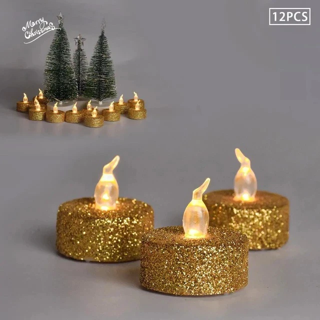 Alt view image 2 of 5 - Gemdeck 12pcs LED Tea Lights Candles Gold Powder Sequin Fake Unscented Flameless Candles