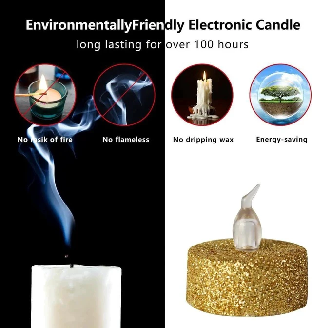 Alt view image 4 of 5 - Gemdeck 12pcs LED Tea Lights Candles Gold Powder Sequin Fake Unscented Flameless Candles