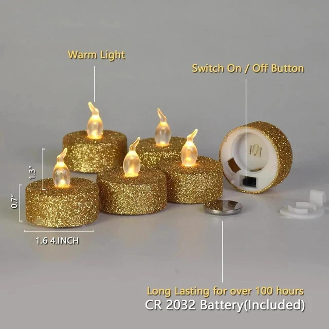 Alt view image 5 of 5 - Gemdeck 12pcs LED Tea Lights Candles Gold Powder Sequin Fake Unscented Flameless Candles
