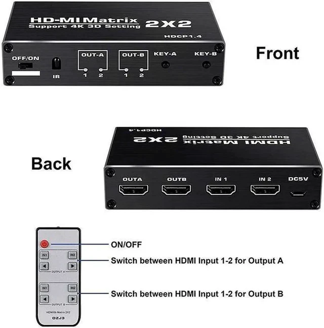Alt view image 4 of 7 - 4K@60Hz HDMI Matrix Switch Splitter 2 in 2 Out with Remote, 2x2 HDMI Splitter Switcher 4K Support 4K,3D, 1080p,HDCP1.4, HDR,YUV 4:2:0 for PS4,Xbox,Fire Stick,etc (OZJ3)