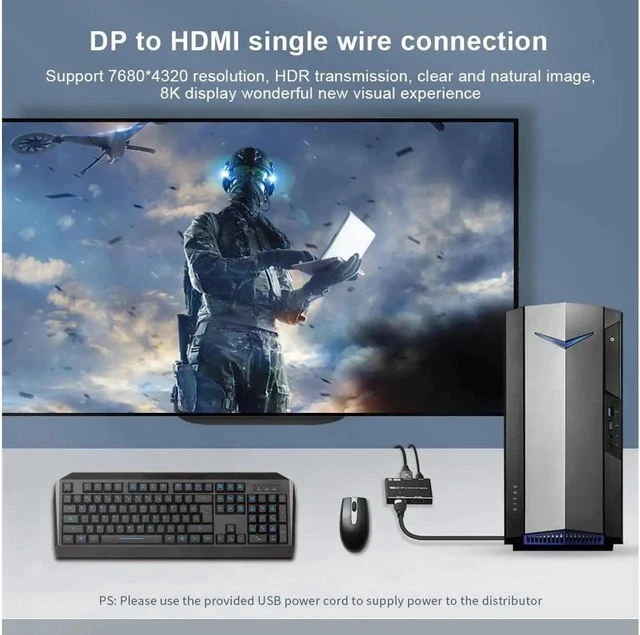 Alt view image 7 of 7 - 8K DisplayPort 1.4 to DisplayPort+HDMI Splitter Switch Adapter DP to DP+HDMI MST Hub Converter, 8K@30Hz 4K@120Hz, for PC Host Monitor Laptop etc