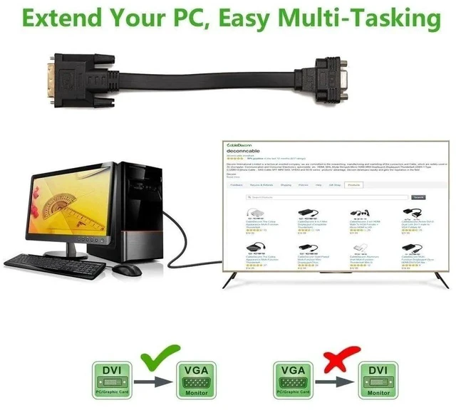 Alt view image 7 of 7 - Active DVI-D Dual Link 24+1 Male to VGA Female Video with Flat Cable Adapter Converter Black