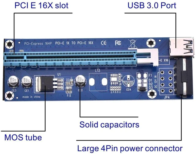 Alt view image 3 of 5 - PCI Express 16x to 1x Powered Riser Adapter Card w/60cm USB 3.0 Extension Cable and 4-Pin MOLEX to SATA Power Cable-GPU Riser Extender Cable-Ethereum Mining ETH (6 Pack 4 Pin)