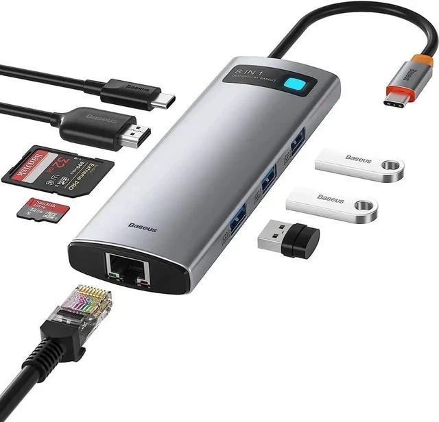 Main image of Baseus 8-in-1 USB C Hub Docking Station, USB C Adapter with 4K HDMI, 3 USB 3.0, TF/SD Reader, Ethernet, 100W Power Delivery Compatible with MacBook, Surface, iPad, Steam Deck or Other Type C Devices