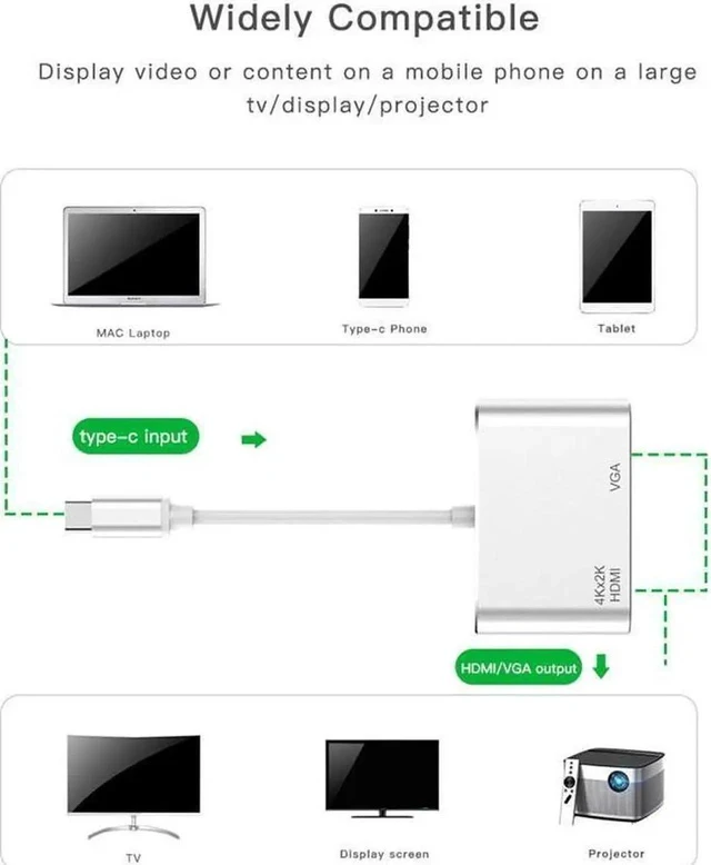 Alt view image 7 of 7 - Aluminum USB C to HDMI VGA Adapter for Surface Pro 7, MacBook Pro, Dell XPS 13, and More - Thunderbolt 3 Port Compatible, Silver