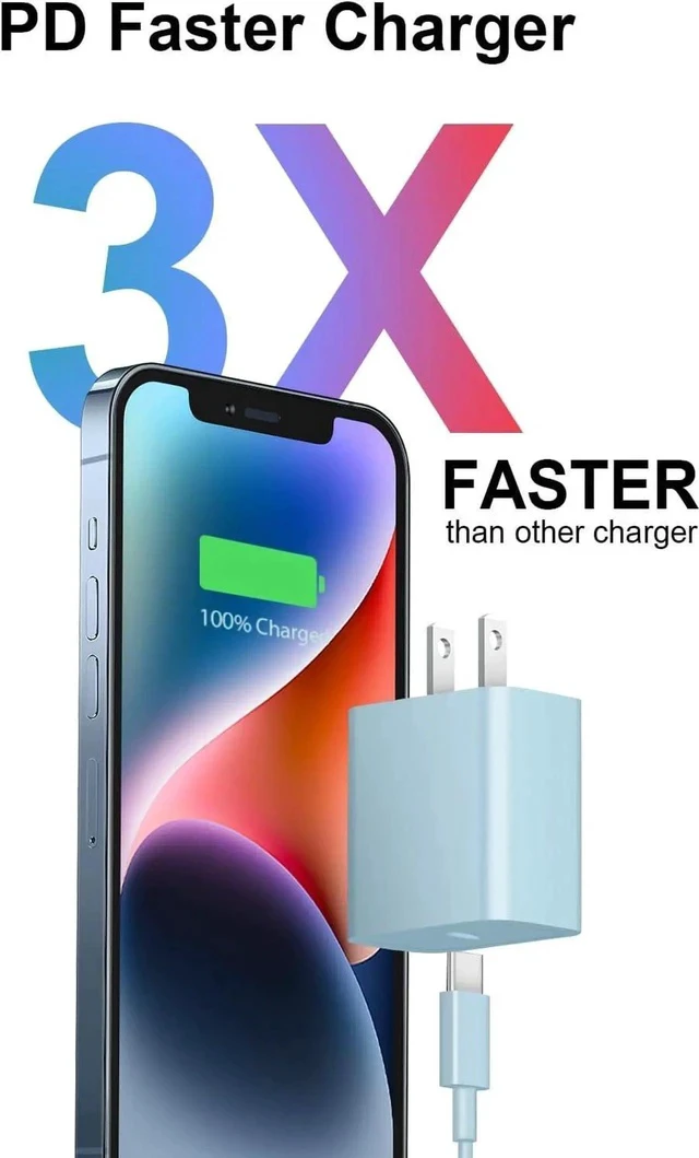 Alt view image 6 of 6 - iPhone 14 13 12 Fast Charger 20W PD USB C Wall Charger with 6FT Fast Charging Cable for iPhone 14/14 Pro/14 Pro Max/14 Plus/13/12/11/Pro/Pro Max/Mini/Xs Max/X iPad - Blue