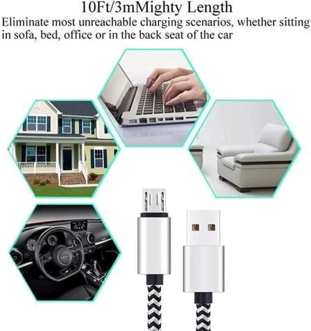 Alt view image 3 of 6 - Micro USB Cable 10ft 3Pack by High Speed 2.0 USB A Male to Micro USB Sync Charging Nylon Braided Cable for Android Phone Charger Cable Tablets Wall and Car Charger Connection