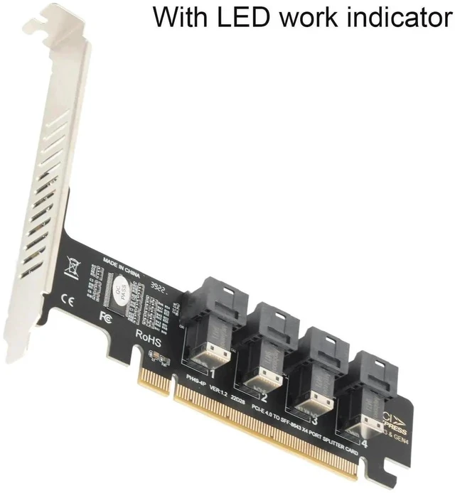 Alt view image 6 of 7 - PCIe 4.0 x16 to 4-Port U.2 NVMe Expansion Split Card, SFF-8643 SFF-8639 U.2 Adapter Card with Independent LED Activity Indicators for Desktop PC & Server