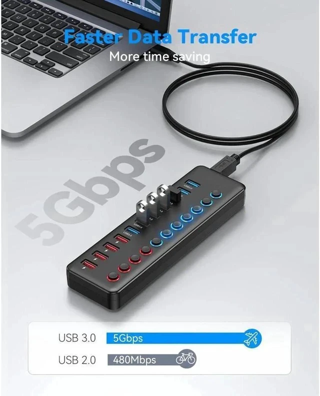 Alt view image 4 of 7 - 11Ports USB Hub 7 Ports Super High Speed Data Ports and 4 Smart Charging Ports USB 3.0 Hub Splitter Black Smart Fast Charger Powered USB Hub for Laptop, Mac PC Mobile HDD Mulitple Devices