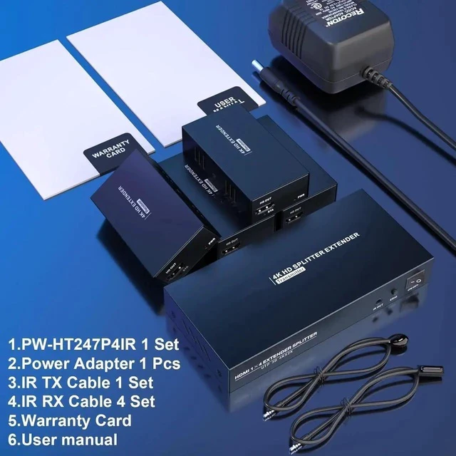 Alt view image 4 of 7 - HDMI Extender Splitter 1x4 HD 4K @60Hz Over CAT5/CAT6/CAT7 Ethernet CableUp to 196ft-Loop Out-Equipped with IR POC and EDID
