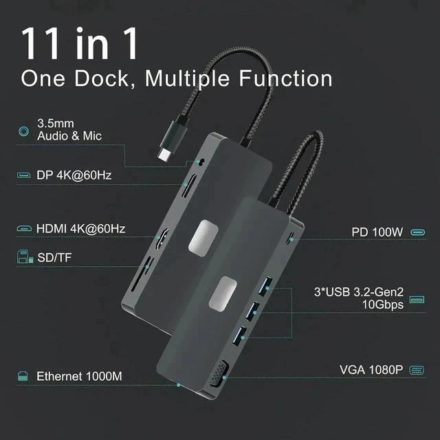 Alt view image 2 of 7 - 11-in-1 Triple Display USB C Docking Station, Multiport Laptop Hub with 4K HDMI, VGA, DP, 3×10Gbps USB3.2, Gigabit Ethernet, 100W PD Charging, SD & TF Card Reader for Type-C Laptops