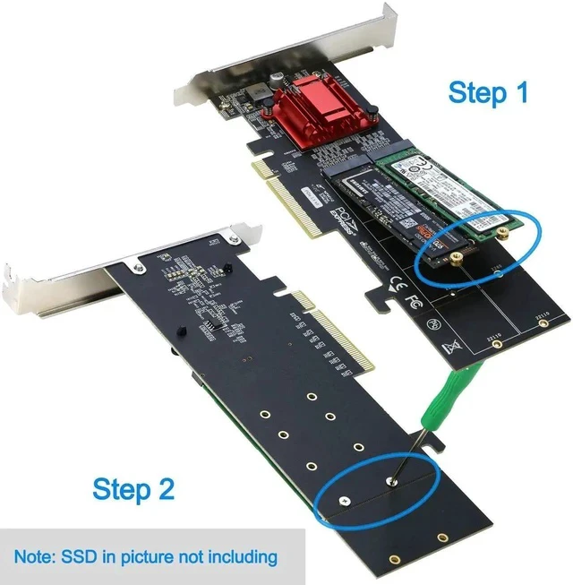 Alt view image 3 of 5 - Dual M.2 NVMe PCIe 3.1 x8/x16 Expansion Adapter Card, M-Key NGFF NVMe SSD Converter Supports 22110/2280/2260/2242/2230 Size M.2 Drives