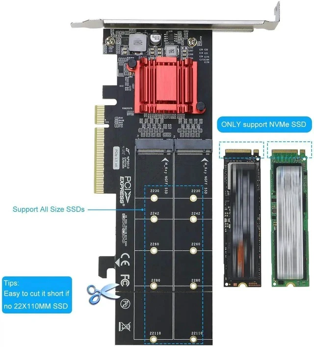 Alt view image 5 of 5 - Dual M.2 NVMe PCIe 3.1 x8/x16 Expansion Adapter Card, M-Key NGFF NVMe SSD Converter Supports 22110/2280/2260/2242/2230 Size M.2 Drives