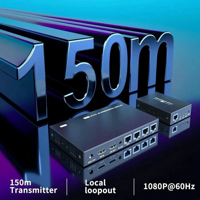 Alt view image 6 of 7 - 150m HDMI Splitter Extender 1x4 Transmit Remote 1080P Audio Video Over Cat5e/6 Ethernet Mirror 4 Screens Support Loopout Remote 1 in 4 Out for TV
