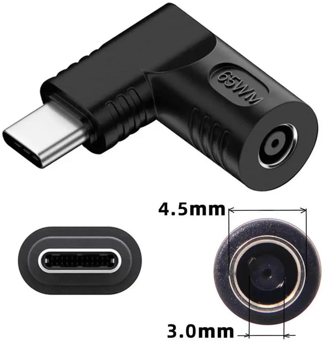 Alt view image 5 of 7 - 65W 90 Degree Right Angle DC 4.5x3.0mm to USB-C PD Power Adapter, 20V DC Barrel Input to Type-C Output Charging Converter Plug