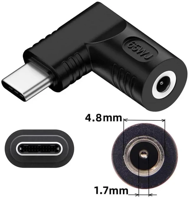 Alt view image 4 of 7 - 65W 90 Degree Right Angled DC 4.8x1.7mm Input to USB-C PD Charging Adapter, DC 20V Jack to Type-C Power Converter Plug for Laptops & Phones
