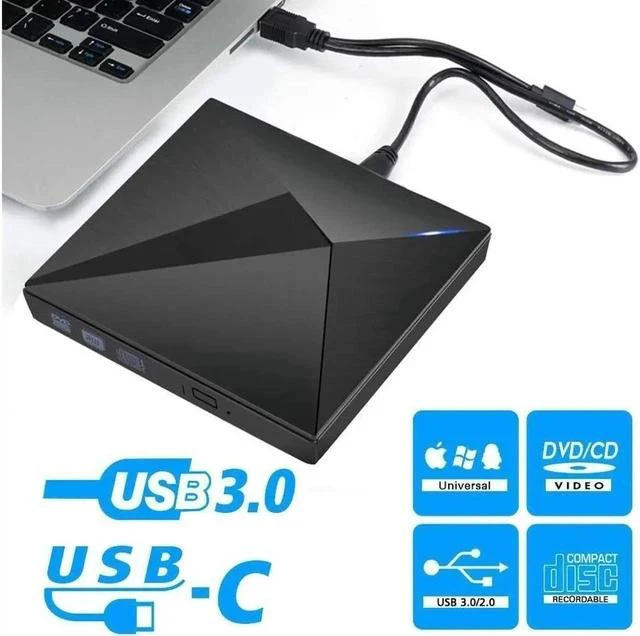 Main image of External CD Drive Type C USB 3.0 Portable CD DVD +/-RW Drive Slim DVD/CD ROM Rewriter Burner Writer for Laptop Desktop PC Windows Linux OS Apple Mac,Polaris Black