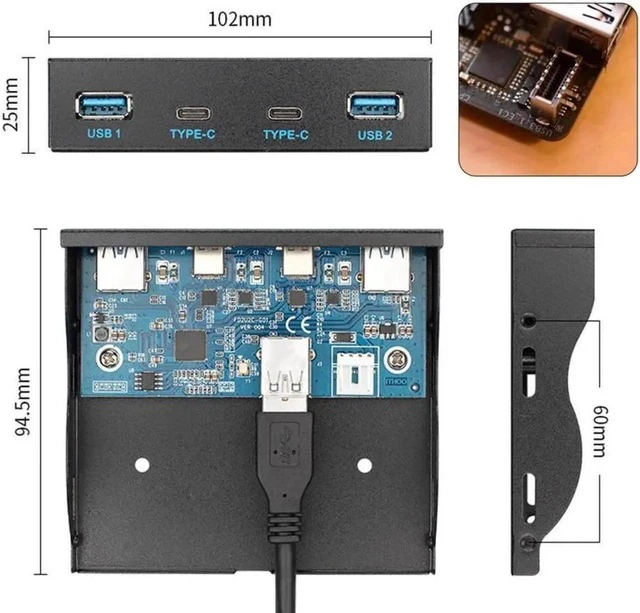 Alt view image 2 of 3 - USB 3.0 HUB 4 Ports & USB-C Front Panel Motherboard to USB 3.1 Front Panel Header Cable Cord for 3.5" Floppy Bay