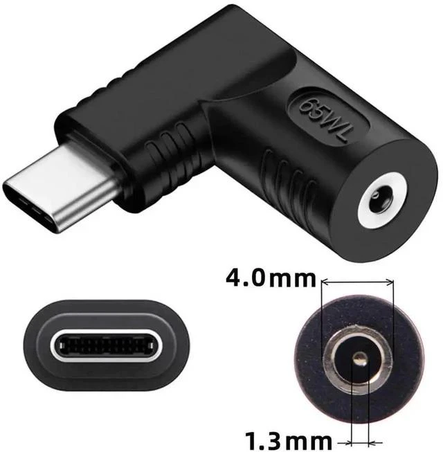 Alt view image 6 of 7 - 65W 90 Degree Right Angle DC 4.0x1.3mm to USB-C PD Power Adapter, 20V DC Barrel Input to Type-C Output Charging Converter Plug