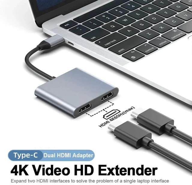 Alt view image 2 of 7 - USB-C to Dual HDMI 4K@60Hz Adapter, Type-C Dual Monitor Splitter Supporting Extended Display Mode, Multiport Display Converter Compatible with MacBook Air/Pro, Dell XPS, HP, Surface & Chromebook Lapto
