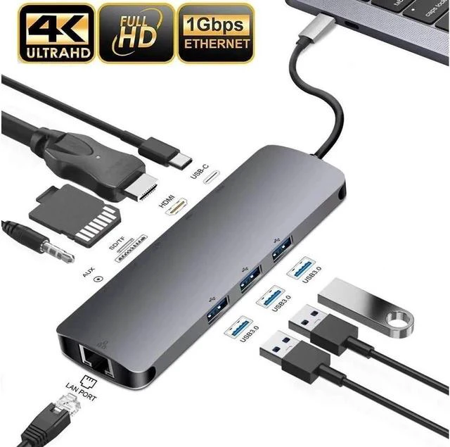 Main image of Updated USB C Hub 9 in 1 Type C Adapter Dock with Giga Ethernet, 4K USBC to HDMI, 3 USB3.0, 60W USB-C PD Port, SD TF Card Reader, Audio/Mic, for MacBook Pro and Other Type C Laptops