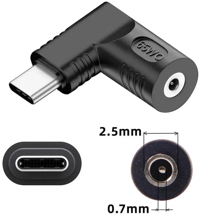Alt view image 5 of 7 - 65W 90 Degree Right Angle DC 2.5x0.7mm to USB-C PD Power Converter Plug, 20V DC Barrel Input to Type-C Output Charging Adapter