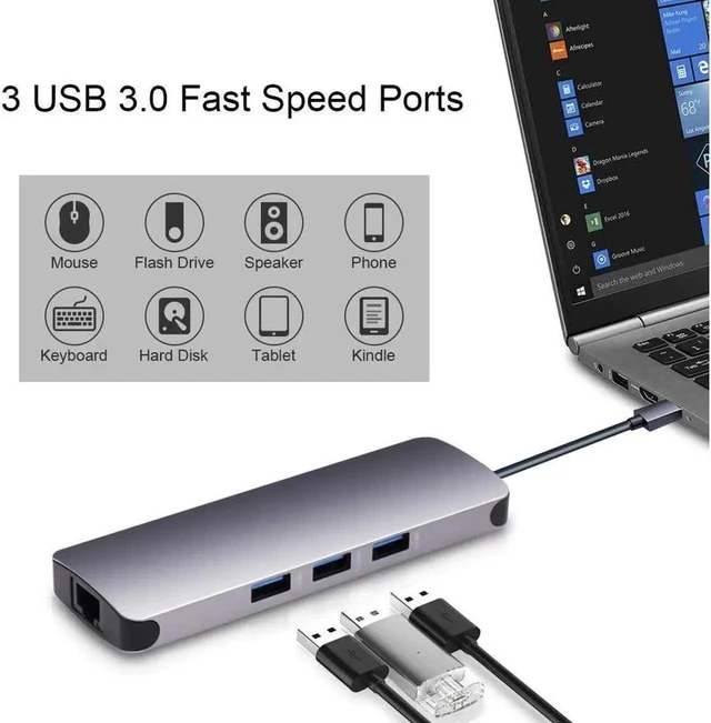 Alt view image 6 of 7 - Updated USB C Hub 9 in 1 Type C Adapter Dock with Giga Ethernet, 4K USBC to HDMI, 3 USB3.0, 60W USB-C PD Port, SD TF Card Reader, Audio/Mic, for MacBook Pro and Other Type C Laptops