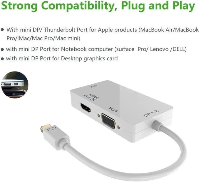 Alt view image 4 of 6 - 3-in-1 Mini DisplayPort 1.2V to DVI VGA HDMI TV HDTV Adapter Converter HDMI Full 4k X 2k Resolution, (4K,White)