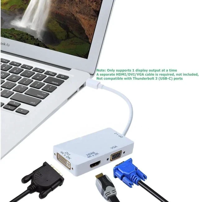 Alt view image 3 of 6 - 3-in-1 Mini DisplayPort 1.2V to DVI VGA HDMI TV HDTV Adapter Converter HDMI Full 4k X 2k Resolution, (4K,White)