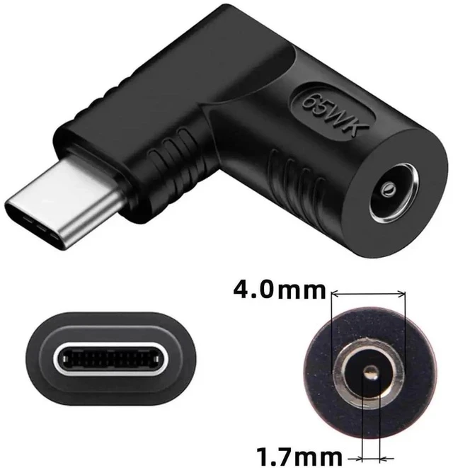 Alt view image 7 of 7 - 65W 90 Degree Right Angled DC 20V 4.0x1.7mm to USB-C PD Charging Adapter, DC Jack Input to Type-C Power Converter Plug for Laptops, Phones & Tablets