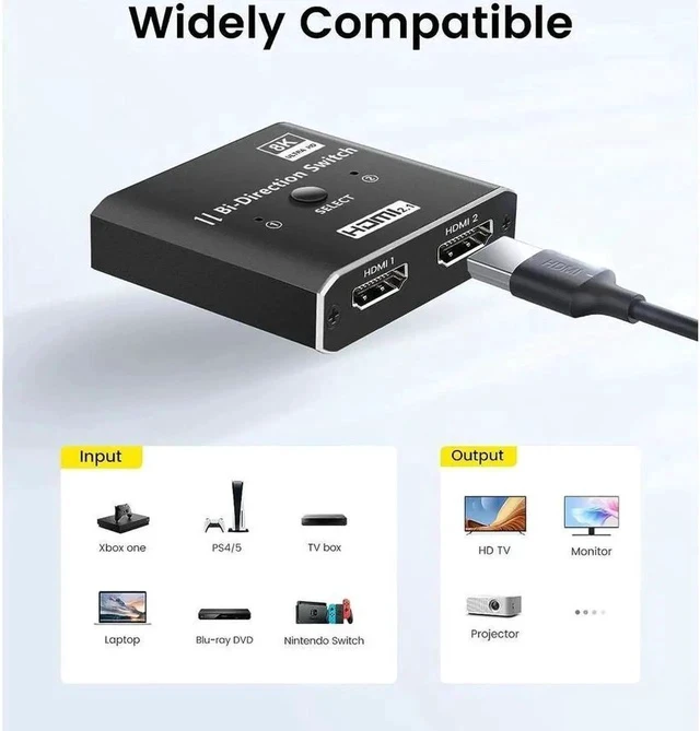 Alt view image 2 of 7 - HDMI Switch Splitter 2 in 1 Out/1 in 2 Out, 2 Port Bi-directional HDMI Switcher Selector Box Support 4K@120Hz, HDR, HDCP2.3, 3D, 1080P for HDTV PS3 PS4 Xbox Projector Blu-ray Player