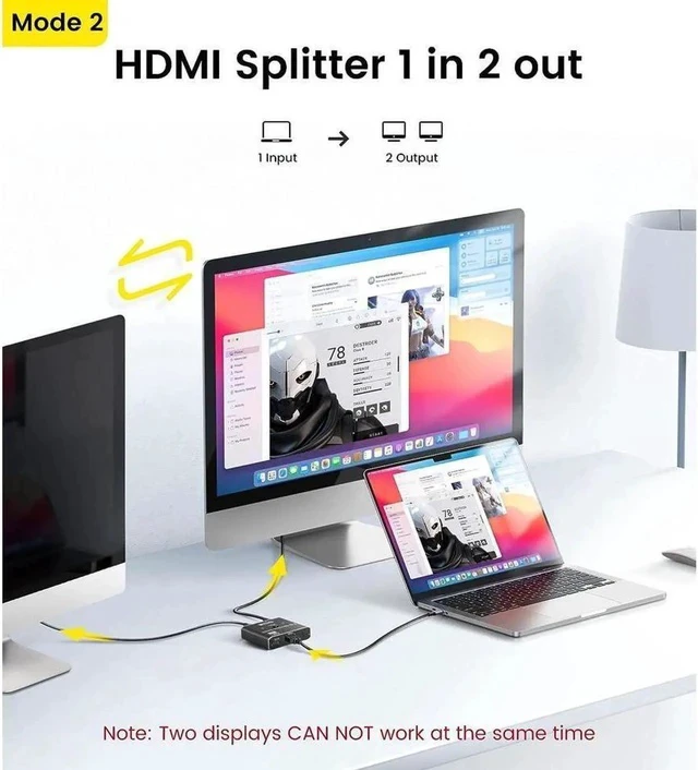 Alt view image 6 of 7 - HDMI Switch Splitter 2 in 1 Out/1 in 2 Out, 2 Port Bi-directional HDMI Switcher Selector Box Support 4K@120Hz, HDR, HDCP2.3, 3D, 1080P for HDTV PS3 PS4 Xbox Projector Blu-ray Player