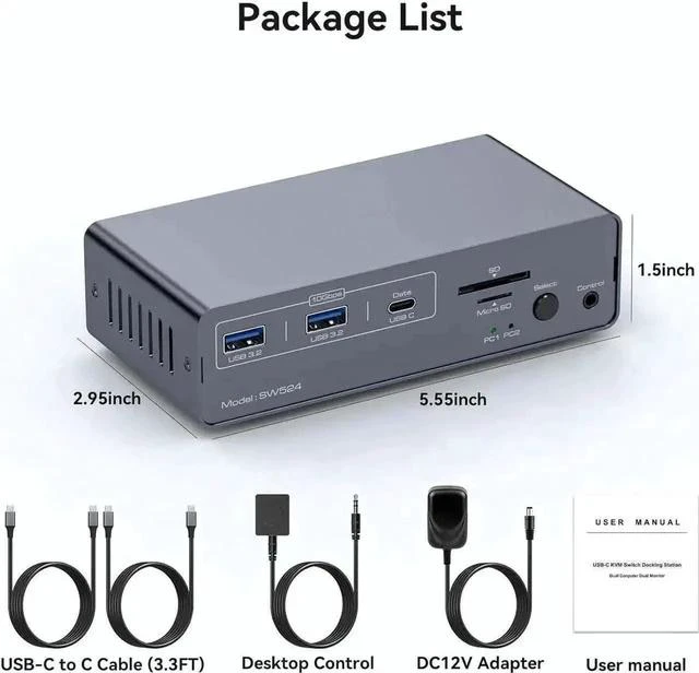 Alt view image 4 of 7 - USB-C KVM Docking Station for 2 Computers & 2 Monitors, Dual HDMI 4K@60Hz KVM Switch with Built-in EDID Emulator, Share 1G Ethernet, 5×USB A/C Ports, SD & MicroSD Card Reader, Compatible with Dual Mac
