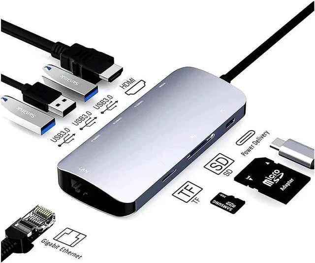 Main image of USB C Hub Ethernet Port USB C Adapter GIGABIT 1000M Rj45 8in1 multiport 60W Fast charging-4K HD-MI to 5Gbps Data Transfer,SD/TF, USB C Hub_Flat