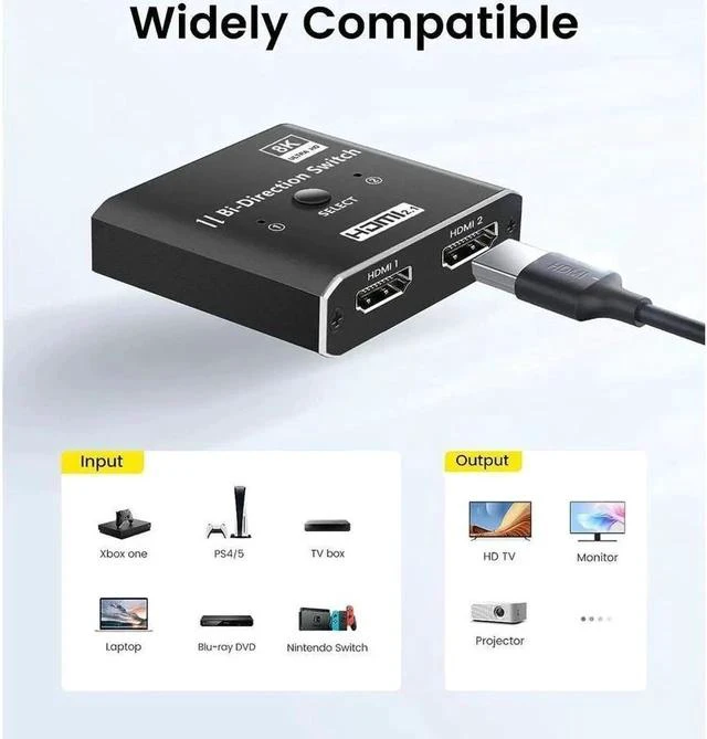 Alt view image 2 of 7 - HDMI 2.1 Switch 8K@60Hz, Bi-Directional HDMI Switcher 4K@120Hz, Aluminum HDMI Splitter 2 in 1 Out 48Gbps Ultra HD Compatible with Xbox Series X PS5 Fire Stick