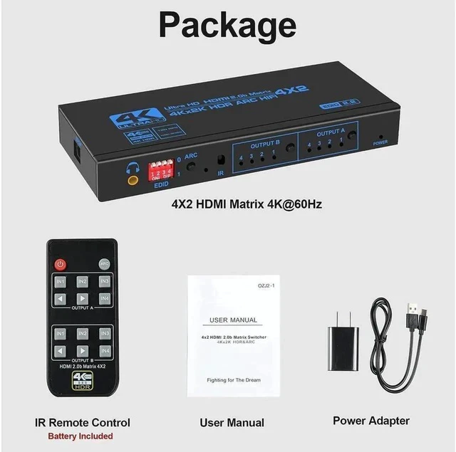 Alt view image 7 of 7 - 4K@60Hz HDMI2.0 Matrix 4K 60Hz/30Hz HDMI-compatible Matrix 4x2 Switch Splitter HDCP 2.2 4X2 Swicther Support SPDIF 3.5mm Stereo Audio ARC For for TV HDTV PS4 (OZJ2-1)