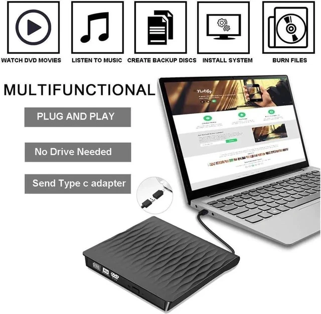 Alt view image 2 of 6 - DVD Player for Laptop USB 3.0 Type-C Dual Port Portable External CD DVD Drive, Drive Slim DVD/CD ROM Rewriter Burner Compatible with Laptop Desktop PC Windows Linux OS Mac (SLS01 Black)