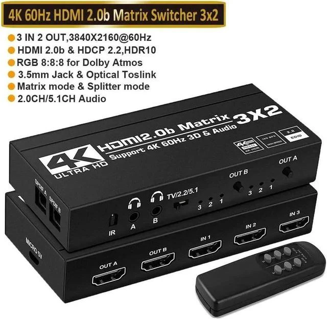 Main image of 4K HDMI Matrix Switch 3 X 2 3 in 2 Out Video Switcher Splitter 2xOptical SPDIF and 2x3.5mm L/R Audio Output with IR Remote Controller,Support 4K@60Hz 3D 18.5Gbps HDMI 2.0b HDCP 2.2,HDR10