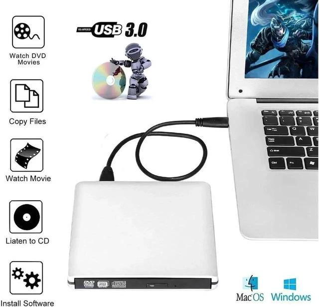 Main image of Aluminum External CD Drive USB 3.0 Portable CD DVD +/-RW Drive DVD/CD ROM Rewriter Burner Writer Compatible with Laptop Desktop PC Windows Mac Pro MacBook (XD058, Silver)