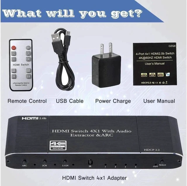 Alt view image 6 of 7 - 4K@60Hz 4x1 HDMI Switch Audio Extractor with Optical Toslink SPDIF/Coaxial/3.5mm Audio Out 4 Ports HDMI 2.0b Switcher with Remote Control Support ARC, HDCP 2.2 3D for Xbox Fire Stick PS5