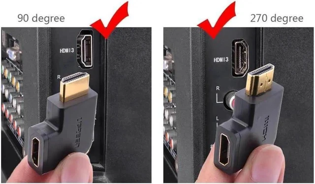 Alt view image 5 of 7 - Flat Left & Right 270 & 90 Degree Angled Male to Female HDMI Adapter Coupler, Gold-Plated 3D Supported for 1080P HDTV PC HDMI Port Device