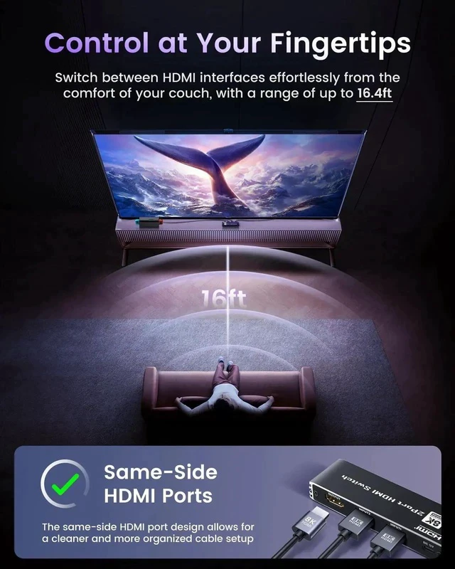 Alt view image 2 of 7 - 8K HDMI 2.1 Switch 4K@120Hz 8K@60Hz, Bi-Directional 2 in 1 Out HDMI Switcher with Remote, Aluminum HDMI Splitter 2 in 1 Out Ultra HD Compatible with PS5 Xbox Fire Stick and More (Black)
