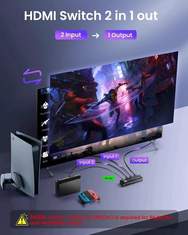 Alt view image 4 of 7 - 8K HDMI 2.1 Switch 4K@120Hz 8K@60Hz, Bi-Directional 2 in 1 Out HDMI Switcher with Remote, Aluminum HDMI Splitter 2 in 1 Out Ultra HD Compatible with PS5 Xbox Fire Stick and More (Black)