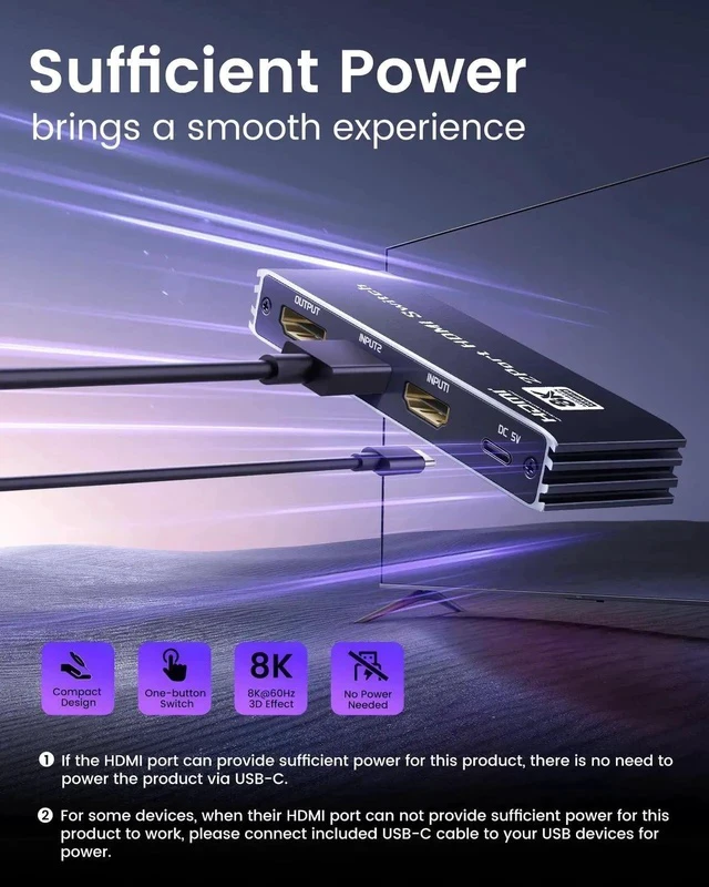 Alt view image 7 of 7 - 8K HDMI 2.1 Switch 4K@120Hz 8K@60Hz, Bi-Directional 2 in 1 Out HDMI Switcher with Remote, Aluminum HDMI Splitter 2 in 1 Out Ultra HD Compatible with PS5 Xbox Fire Stick and More (Black)