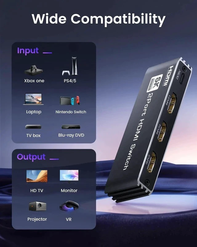 Alt view image 6 of 7 - 8K HDMI 2.1 Switch 4K@120Hz 8K@60Hz, Bi-Directional 2 in 1 Out HDMI Switcher with Remote, Aluminum HDMI Splitter 2 in 1 Out Ultra HD Compatible with PS5 Xbox Fire Stick and More (Black)