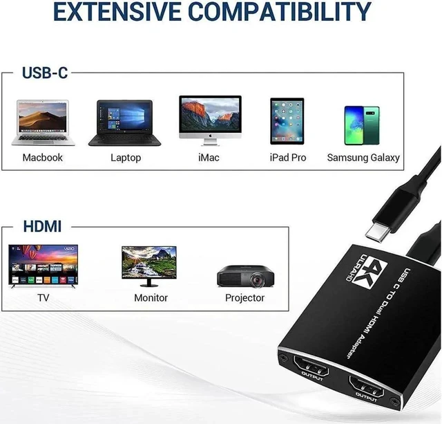 Alt view image 7 of 7 - USB C to Dual HDMI Adapter, 4 in 1 USB Type C Hub with 2 HDMI/3.5mm Audio /PD Charging, Dual Screen Display USB-C Docking Station for Windows, MacOS